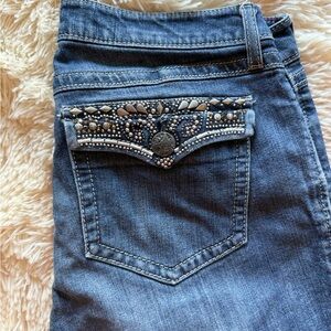 Stylish Blue Boot Cut Jeans with Embellished Pocket